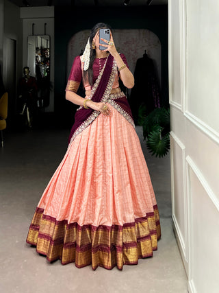 Peach Elegant Zari Chex Lehenga Set – Perfect Blend of Tradition & Trend