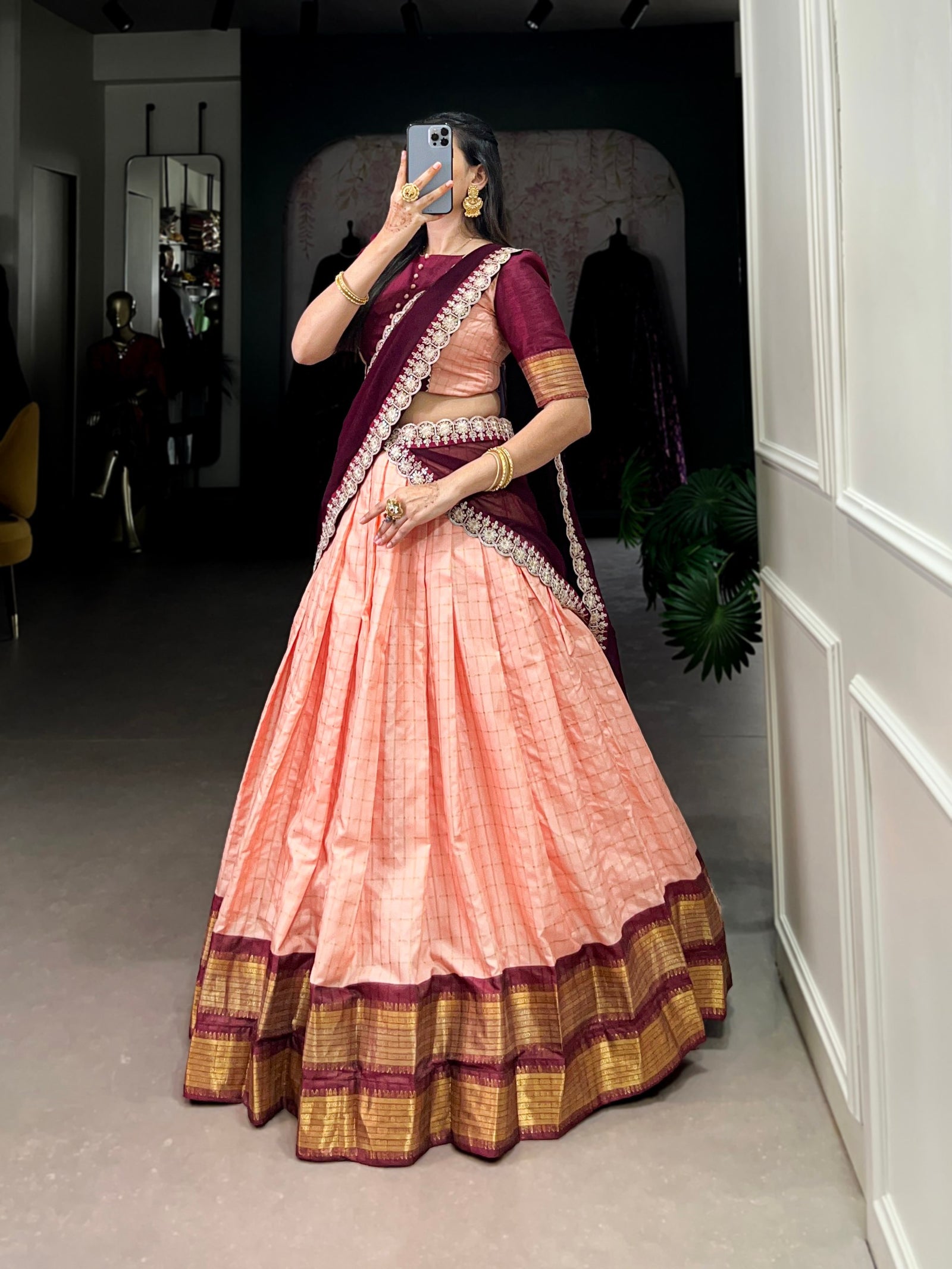 Peach Elegant Zari Chex Lehenga Set – Perfect Blend of Tradition & Trend