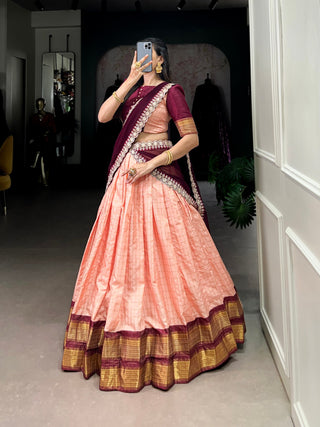Peach Elegant Zari Chex Lehenga Set – Perfect Blend of Tradition & Trend