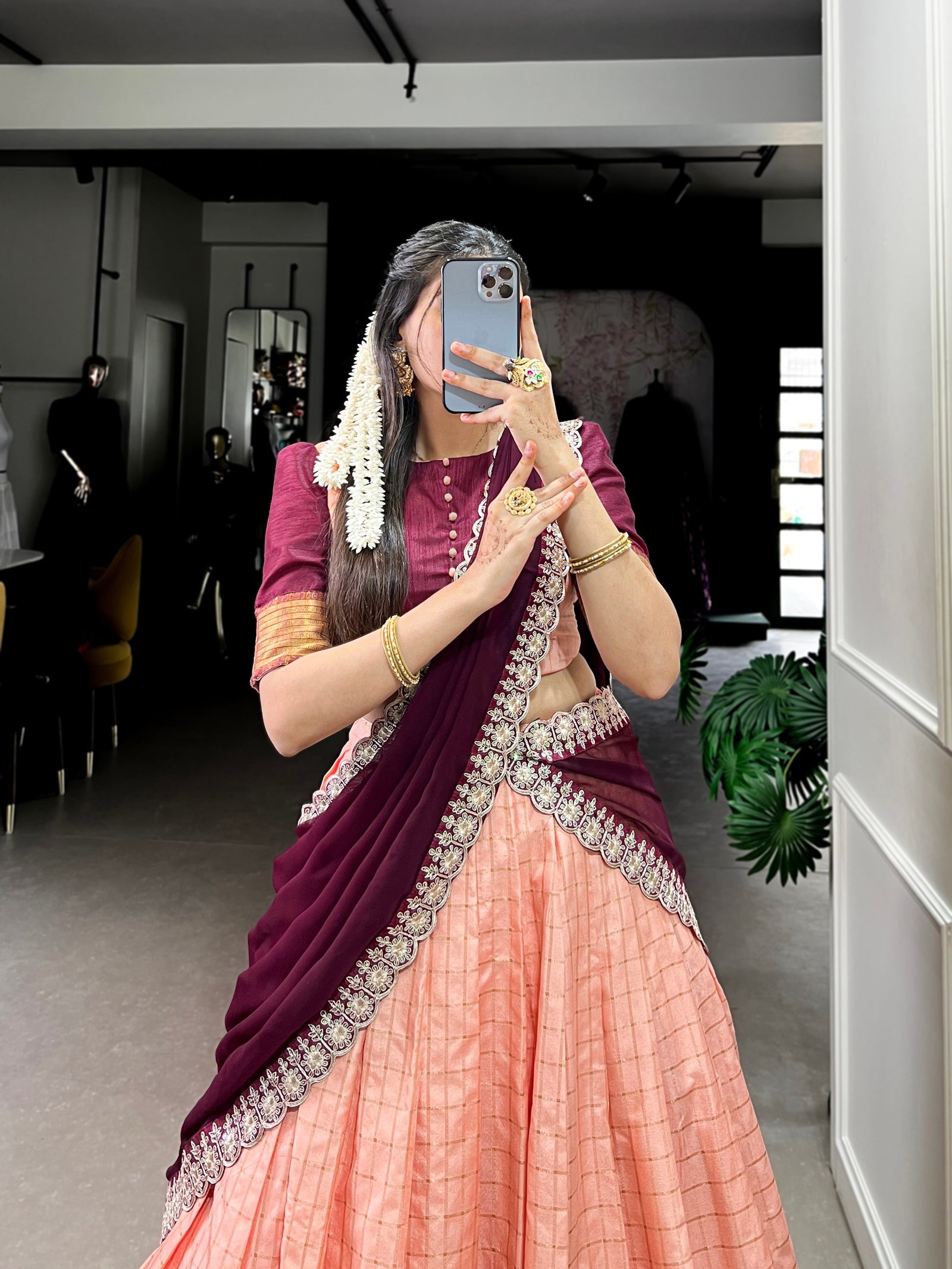 Peach Elegant Zari Chex Lehenga Set – Perfect Blend of Tradition & Trend