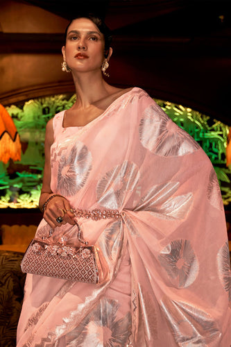 Peach Elora Fashion Banarasi Silk Unstitched Saree with Designer Border ClothsVilla