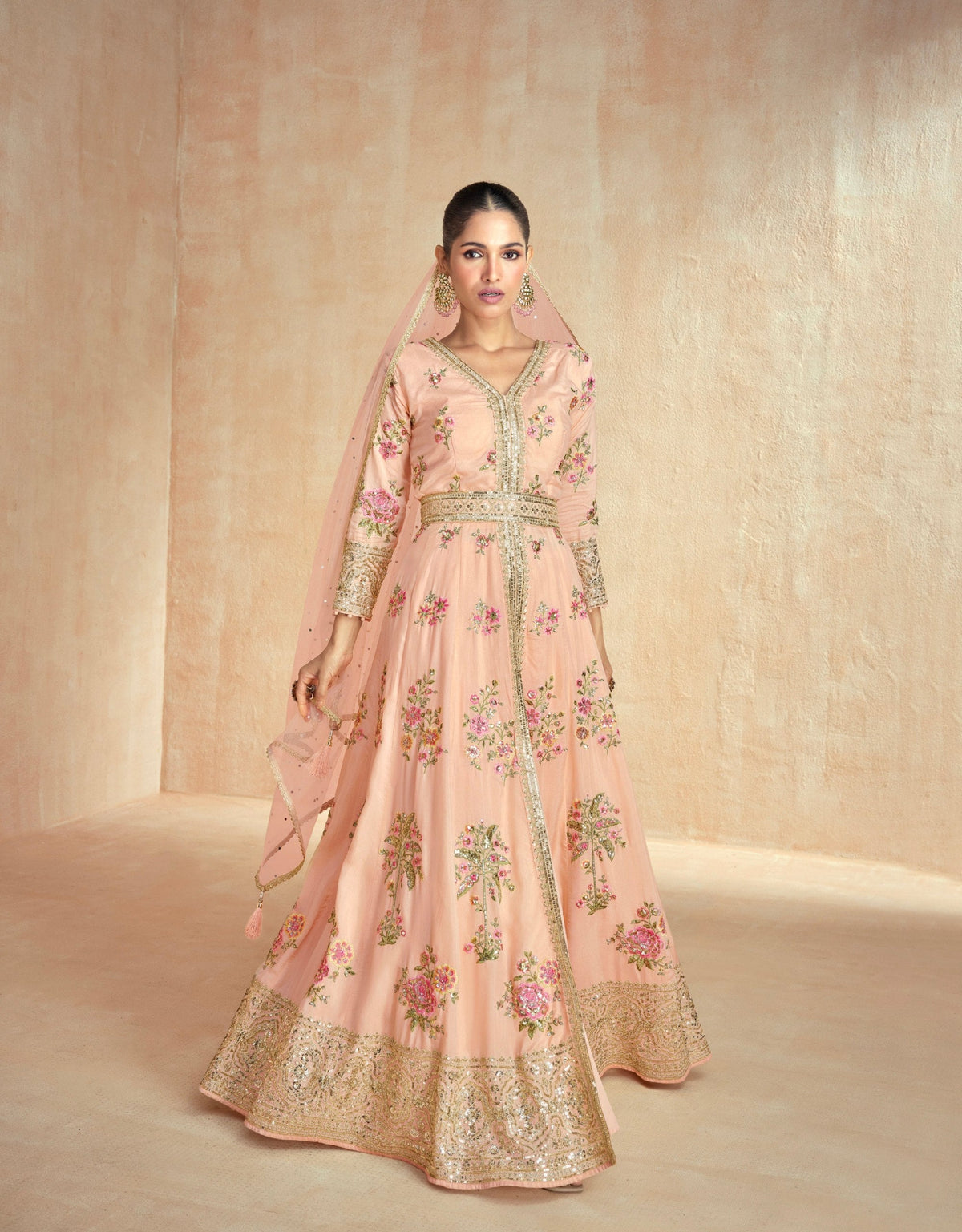 Peach Embroidered Gown Set with Dupatta – Festive Wear ClothsVilla Main image