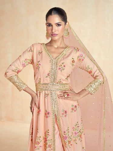 Peach Embroidered Gown Set with Dupatta – Festive Wear ClothsVilla