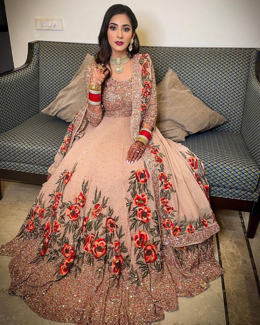 Peach Embroidered Heavy Georgette Gown Set with Dupatta & Bottom – Ready to Wear ClothsVilla