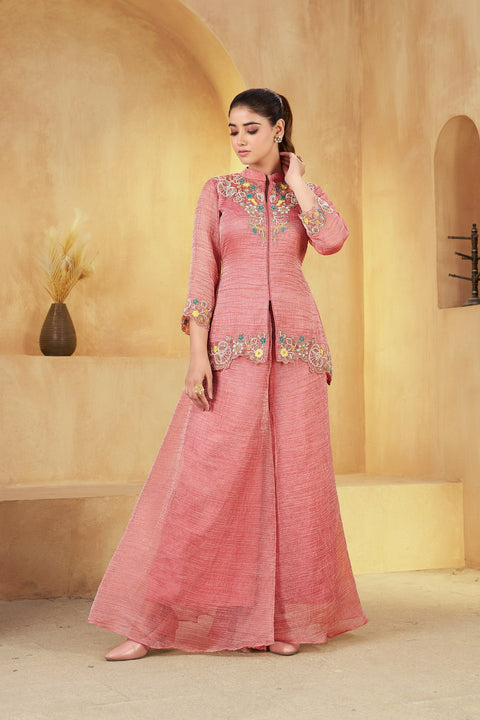 Peach Embroidered Khatali Work Co-Ord Set ClothsVilla Main image