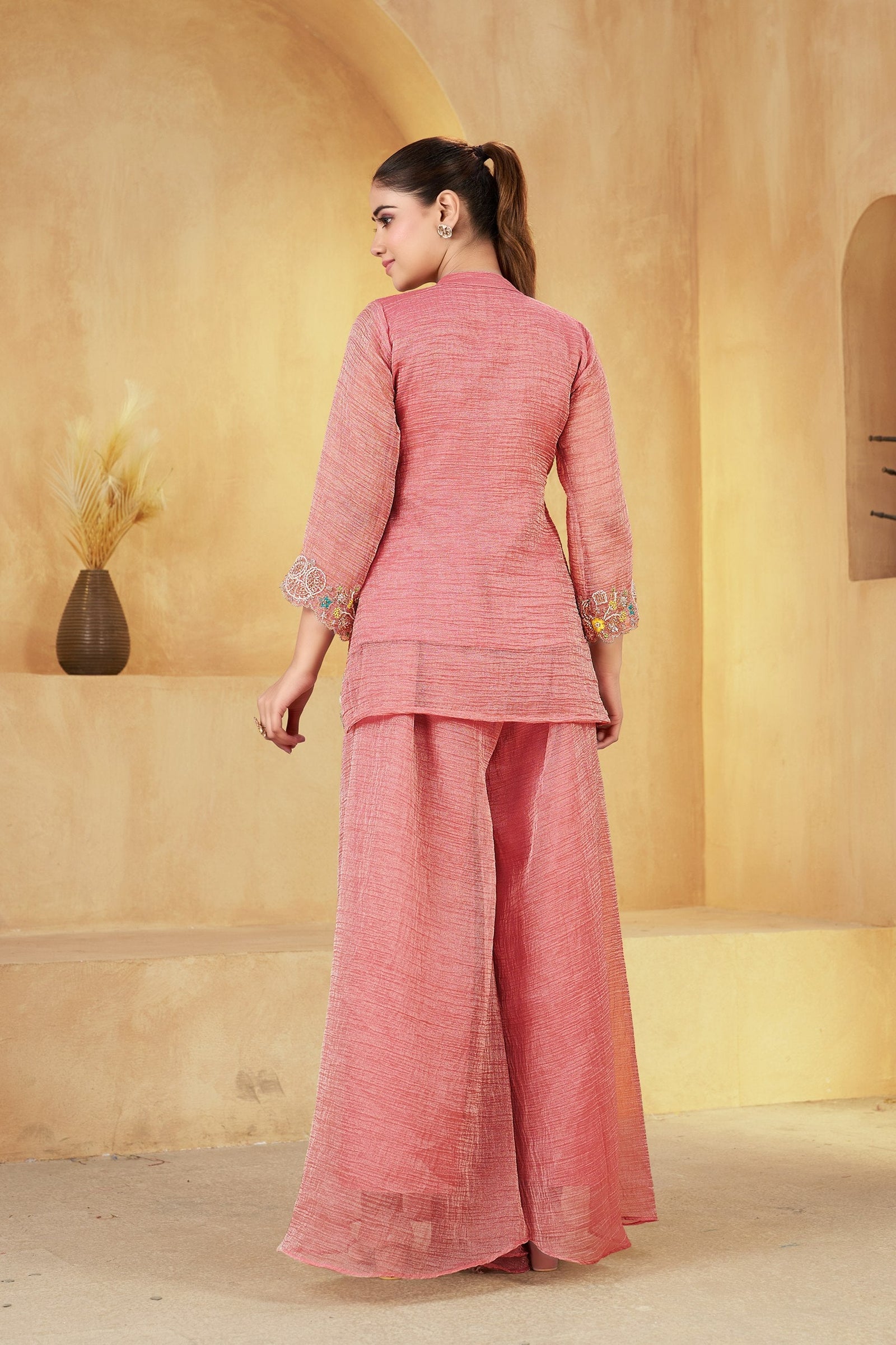 Peach Embroidered Khatali Work Co-Ord Set ClothsVilla