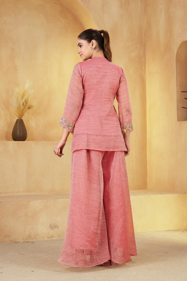 Peach Embroidered Khatali Work Co-Ord Set ClothsVilla