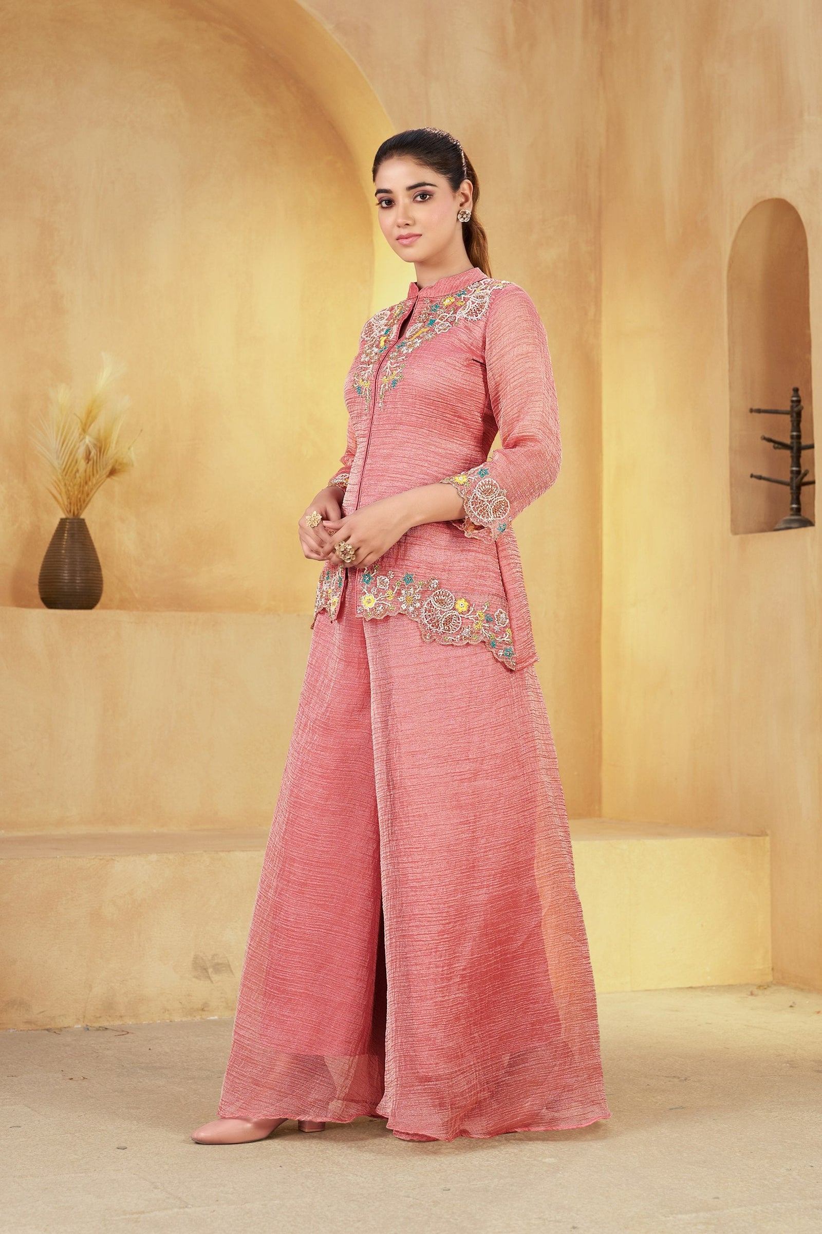Peach Embroidered Khatali Work Co-Ord Set ClothsVilla