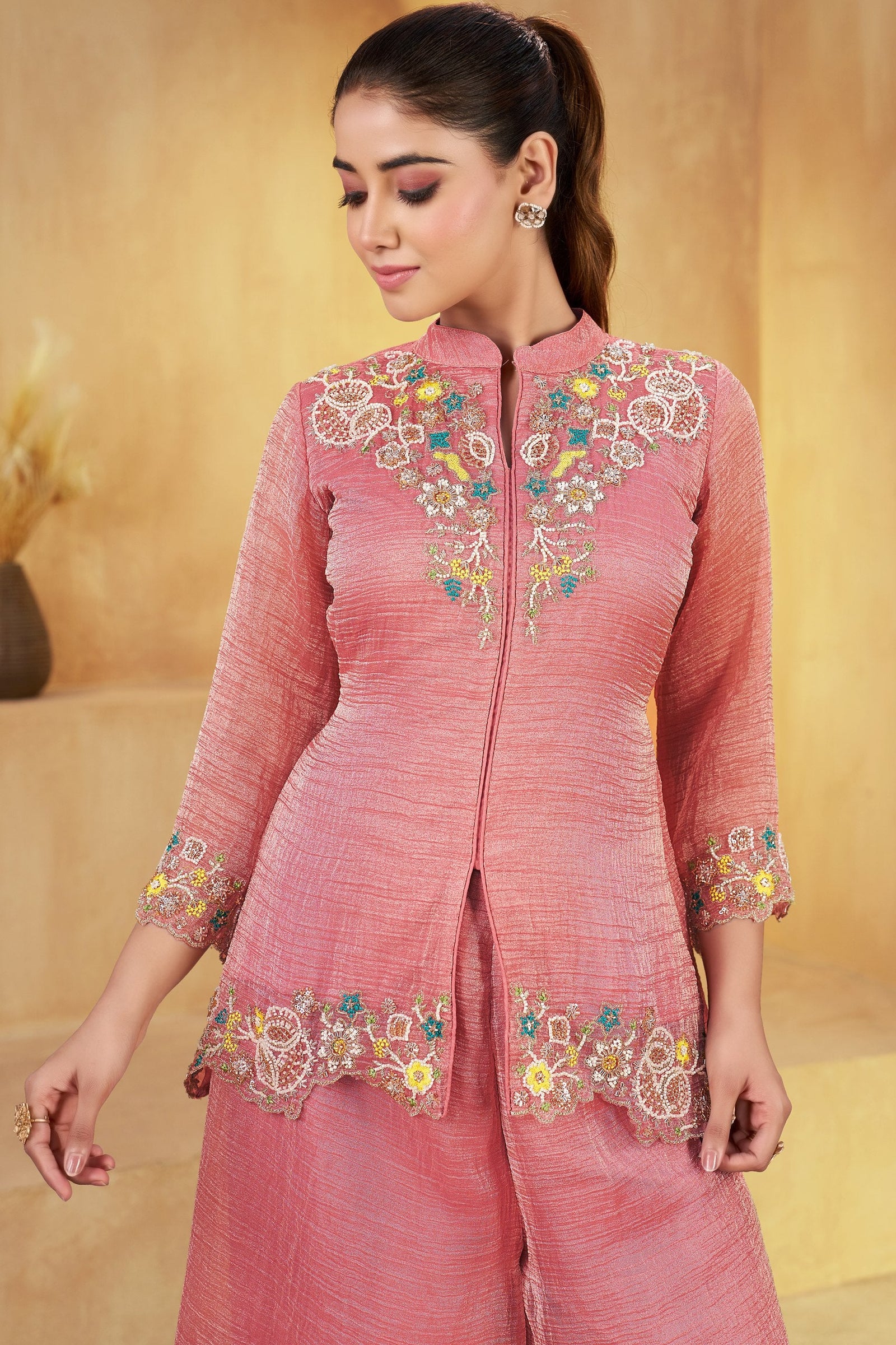 Peach Embroidered Khatali Work Co-Ord Set ClothsVilla