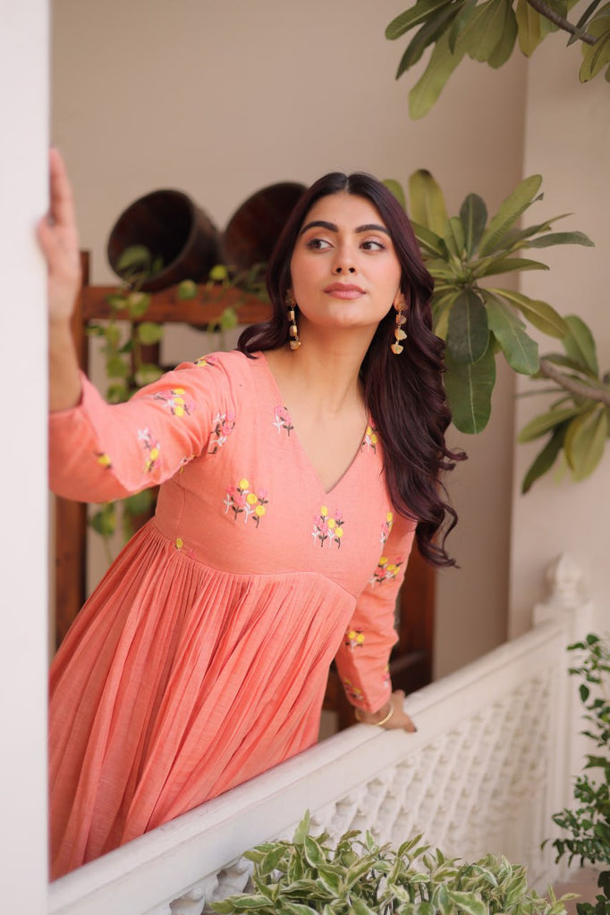 Peach Embroidered Kurti Pant Set ClothsVilla