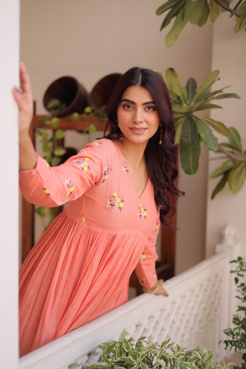 Peach Embroidered Kurti Pant Set ClothsVilla