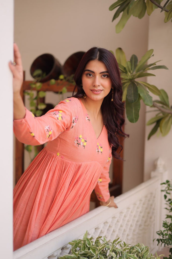 Peach Embroidered Kurti Pant Set ClothsVilla