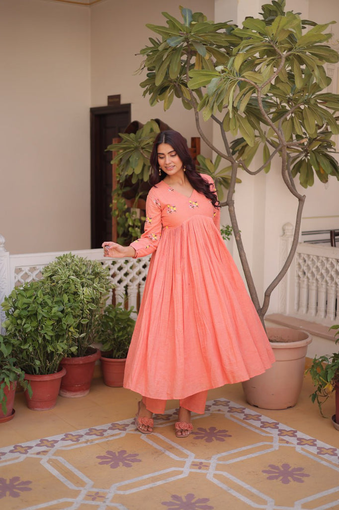 Peach Embroidered Kurti Pant Set ClothsVilla