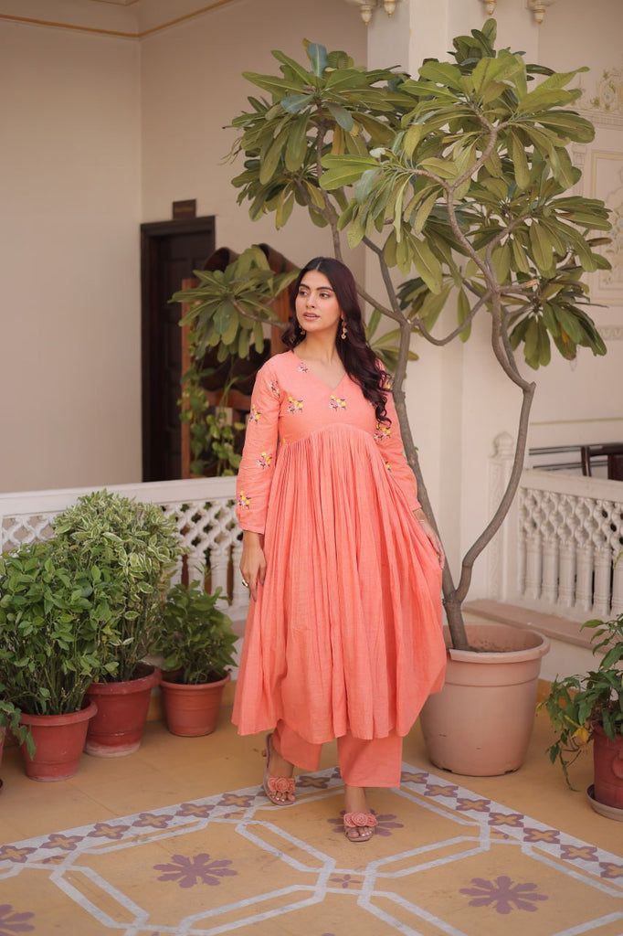 Peach Embroidered Kurti Pant Set ClothsVilla