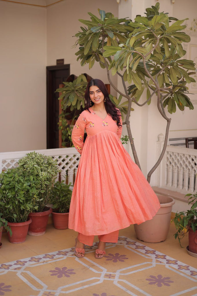 Peach Embroidered Kurti Pant Set ClothsVilla