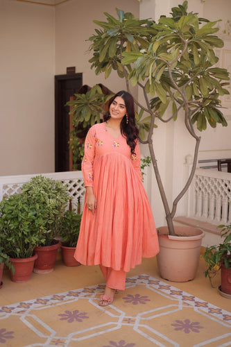Peach Embroidered Kurti Pant Set ClothsVilla