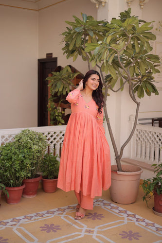 Peach Embroidered Kurti Pant Set ClothsVilla