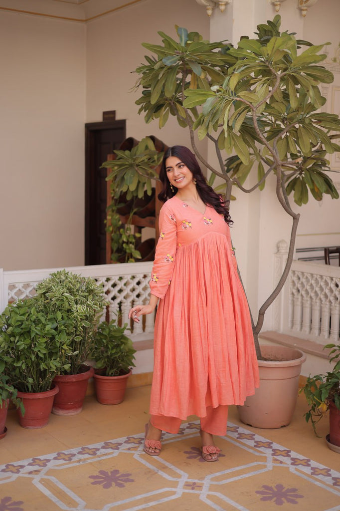 Peach Embroidered Kurti Pant Set ClothsVilla