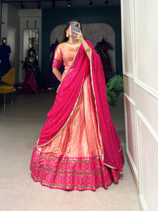 Peach Exquisite Jacquard Silk Kanjivaram Ikkat Lehenga Set with Georgette Dupatta