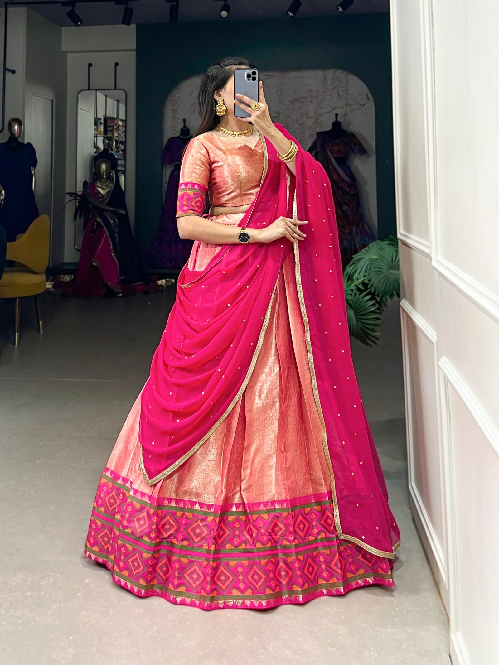 Peach Exquisite Jacquard Silk Kanjivaram Ikkat Lehenga Set with Georgette Dupatta