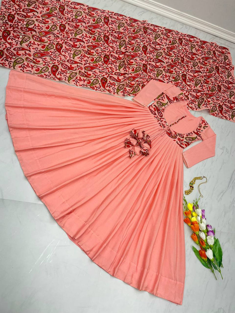 Peach Exquisite Party Wear Gown & Dupatta Set with Embroidery and Sequin Work Clothsvilla