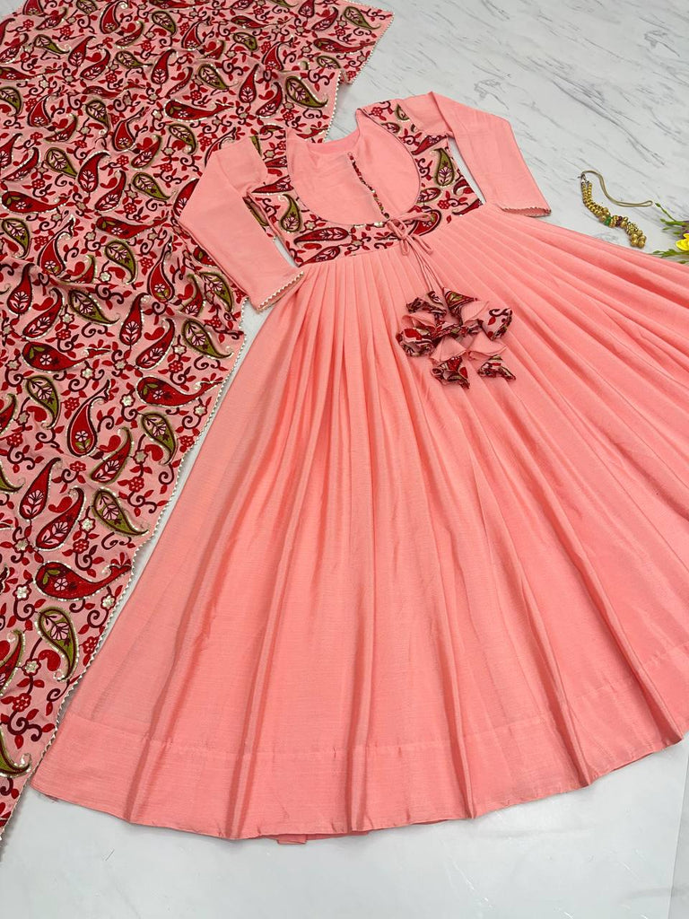 Peach Exquisite Party Wear Gown & Dupatta Set with Embroidery and Sequin Work Clothsvilla