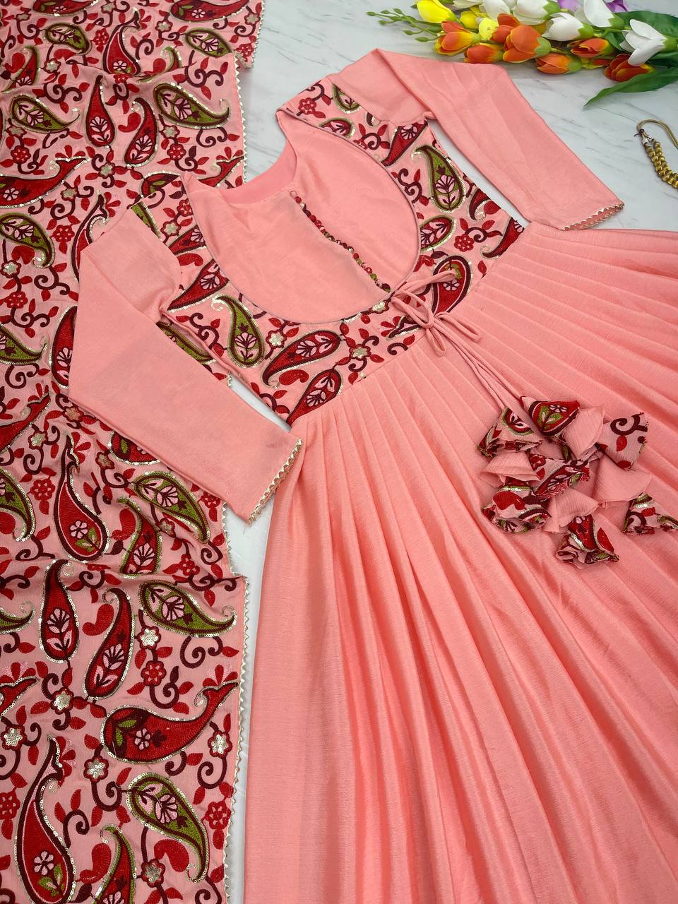 Peach Exquisite Party Wear Gown & Dupatta Set with Embroidery and Sequin Work Clothsvilla