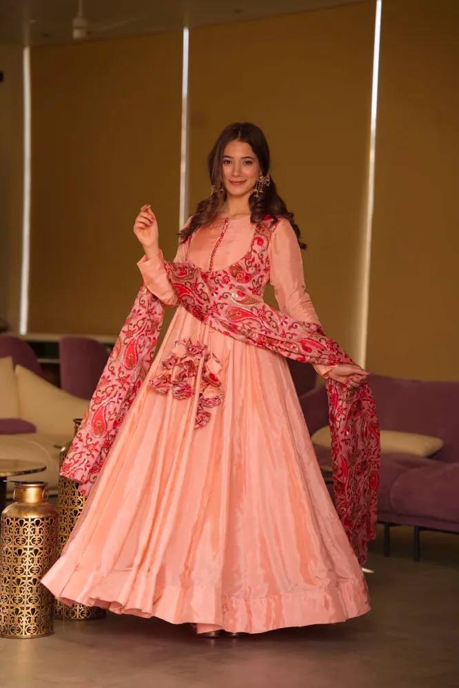 Peach Exquisite Party Wear Gown & Dupatta Set with Embroidery and Sequin Work Clothsvilla