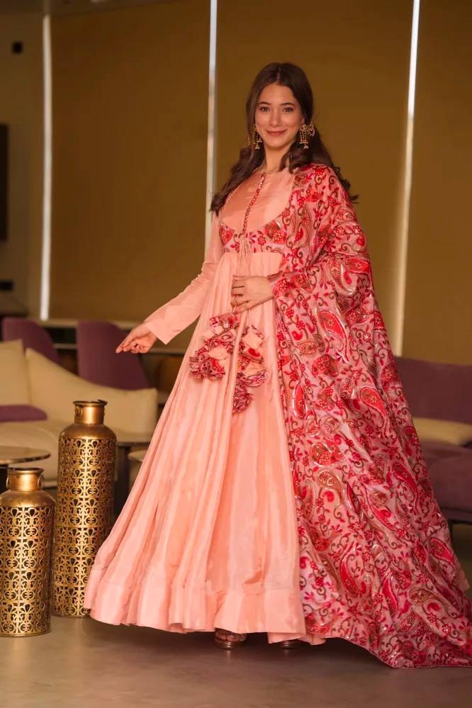 Peach Exquisite Party Wear Gown & Dupatta Set with Embroidery and Sequin Work Clothsvilla Main image