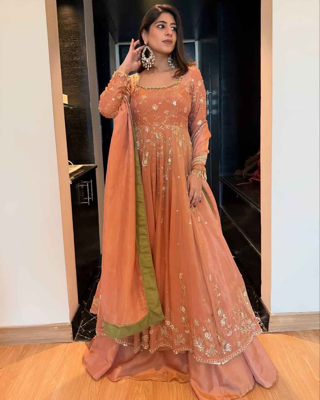 Peach Georgette EmbroideredTop Lehenga Set ClothsVilla Main image