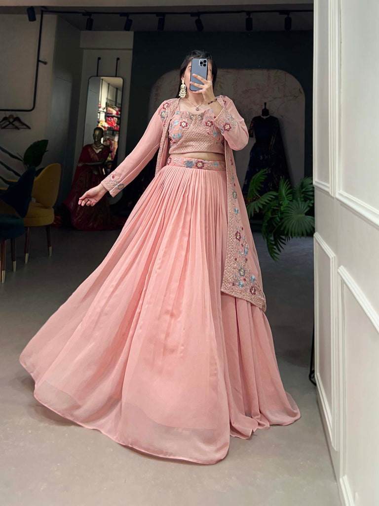 Shimmering Peach Georgette Indo-Western Lehenga Set with Sequinned Choli and Koti ClothsVilla