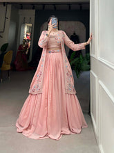 Load image into Gallery viewer, Shimmering Peach Georgette Indo-Western Lehenga Set with Sequinned Choli and Koti ClothsVilla