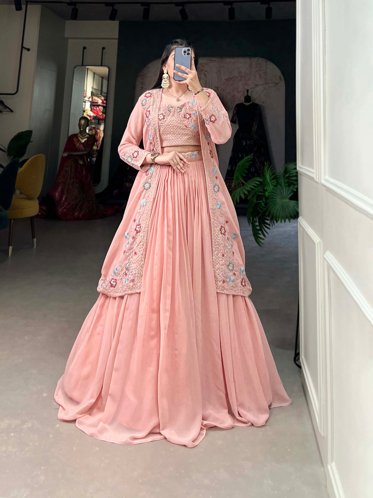 Shimmering Peach Georgette Indo-Western Lehenga Set with Sequinned Choli and Koti ClothsVilla Main image