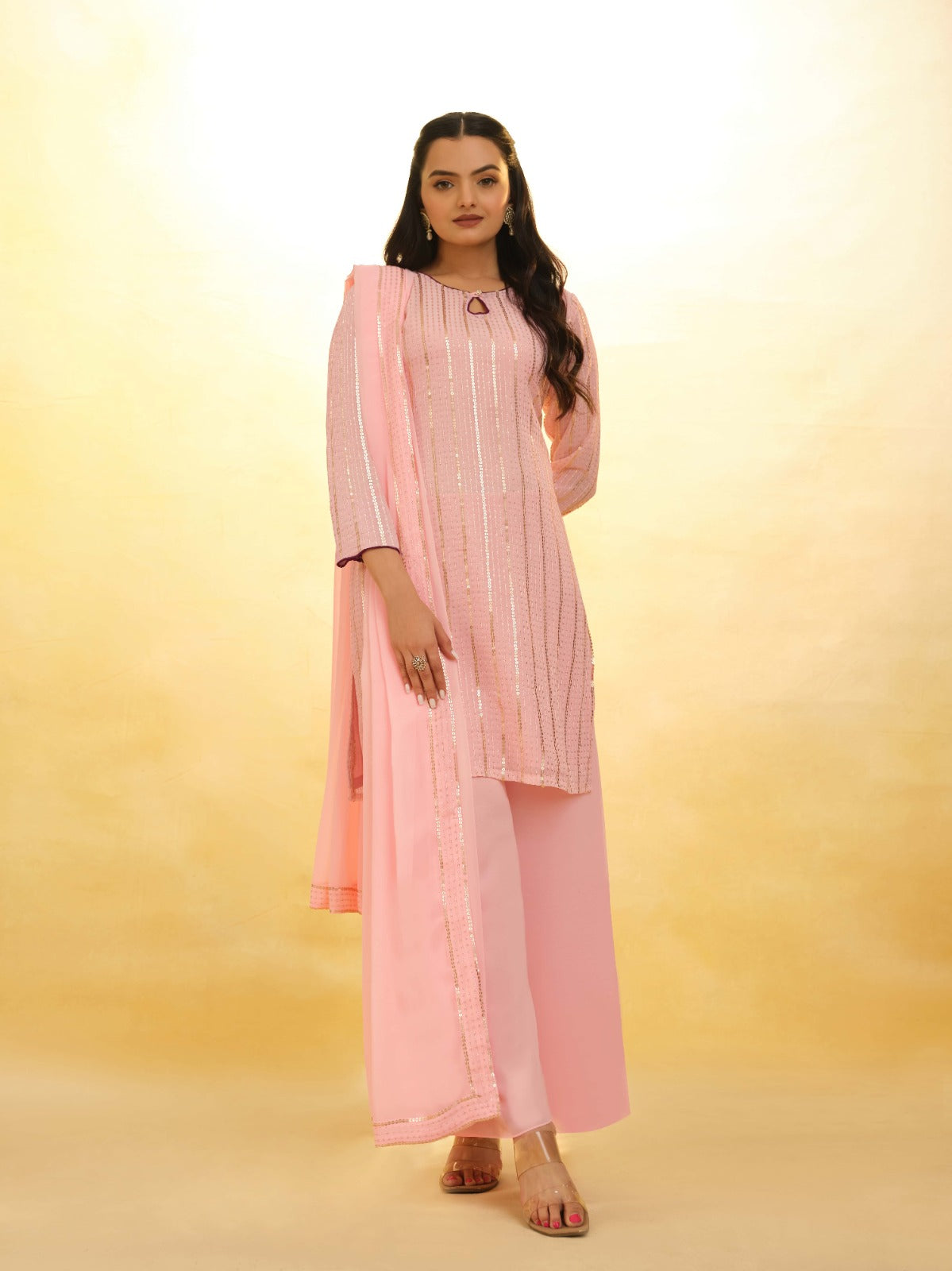 Peach Georgette Suit with Embroidery and Shantoon Bottom ClothsVilla