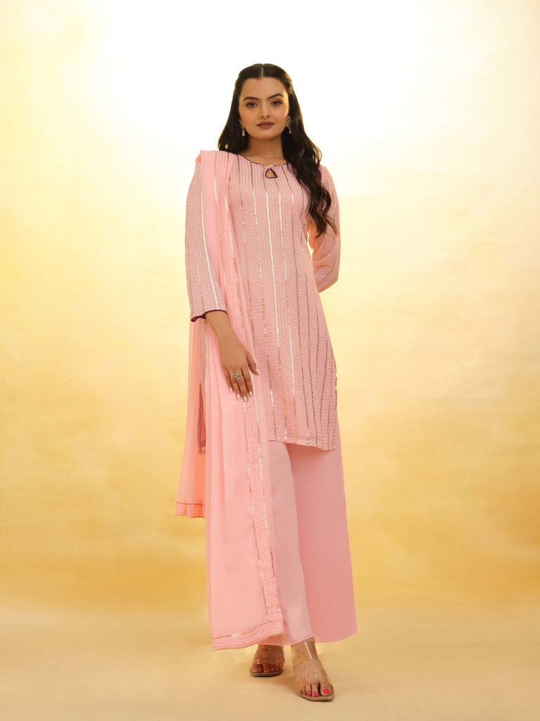 Peach Georgette Suit with Embroidery and Shantoon Bottom ClothsVilla