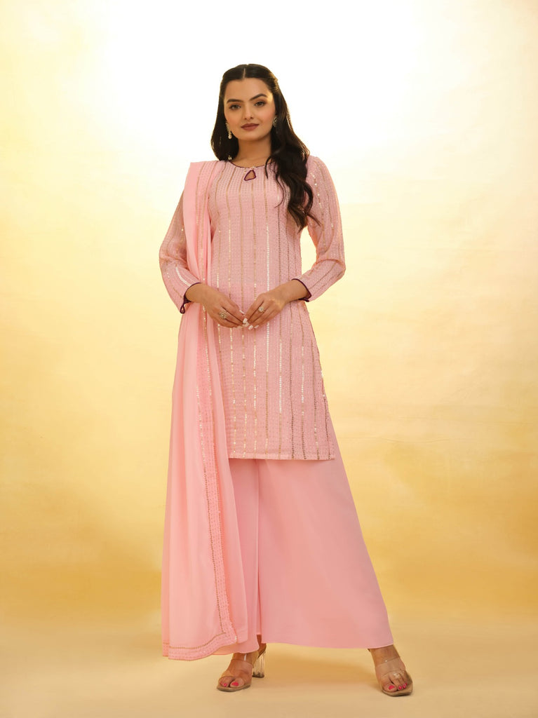 Peach Georgette Suit with Embroidery and Shantoon Bottom ClothsVilla