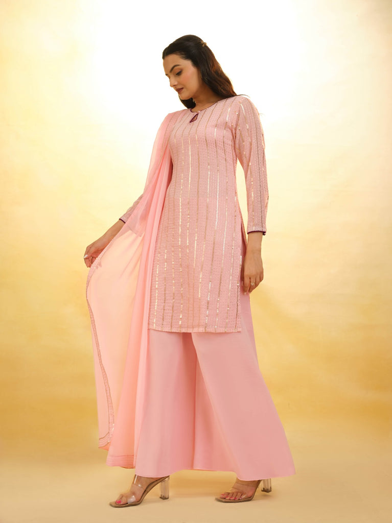 Peach Georgette Suit with Embroidery and Shantoon Bottom ClothsVilla