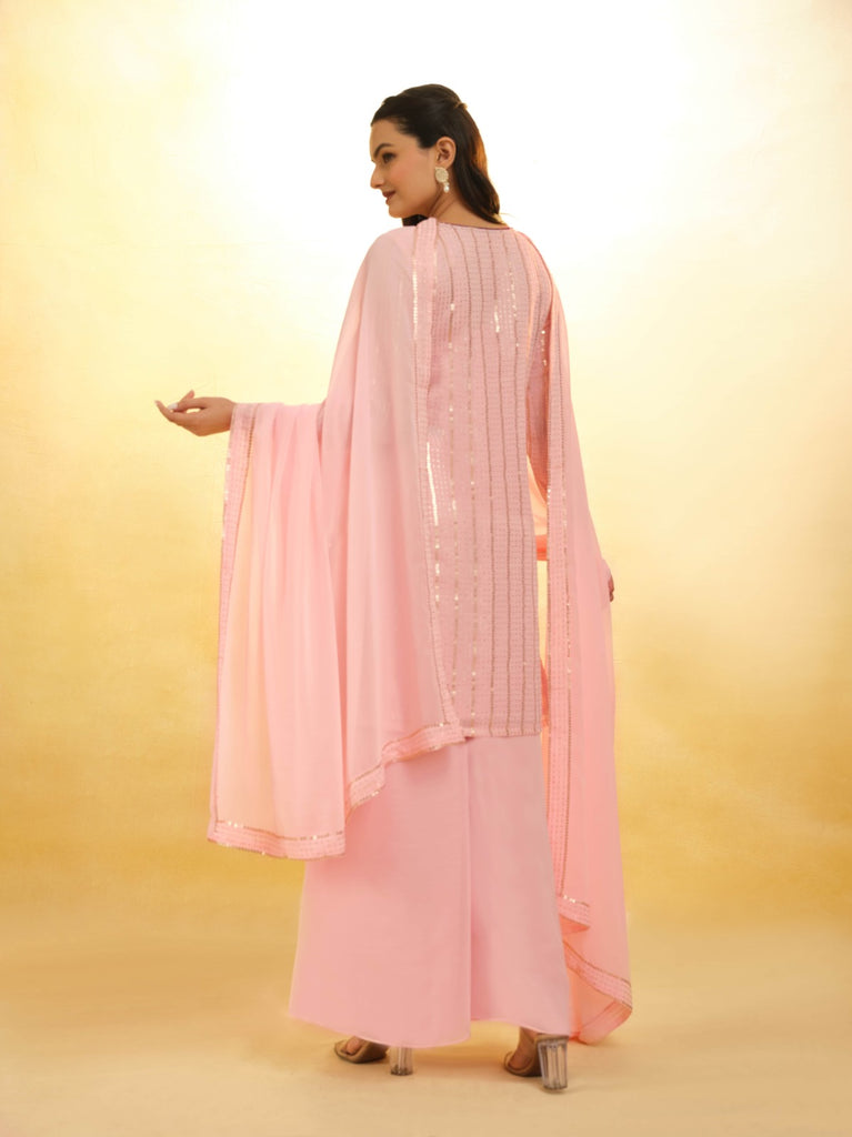 Peach Georgette Suit with Embroidery and Shantoon Bottom ClothsVilla