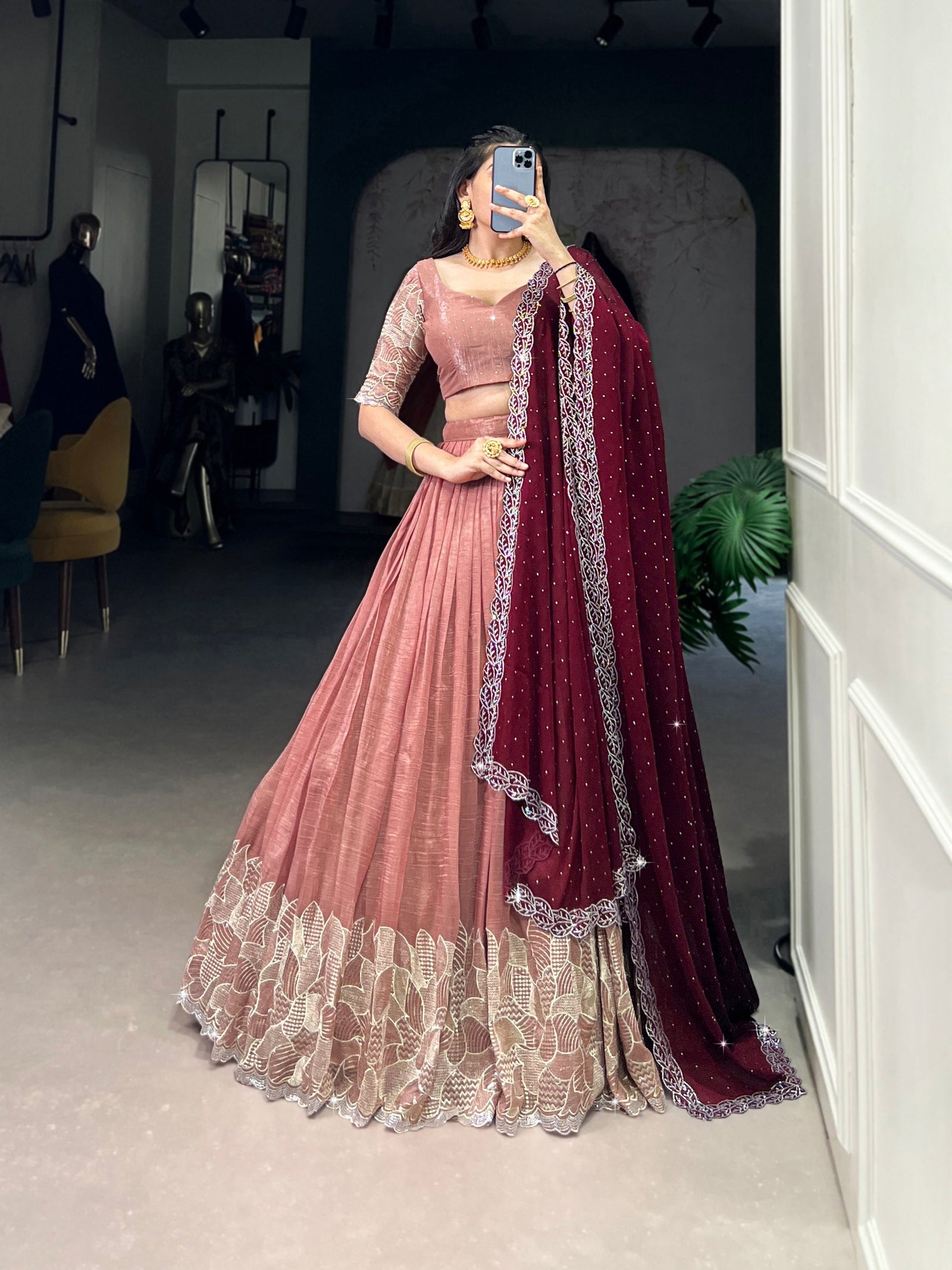 Peach Glamorous Silver Glossy Embroidered Lehenga Set with Hotfix Detailing ClothsVilla