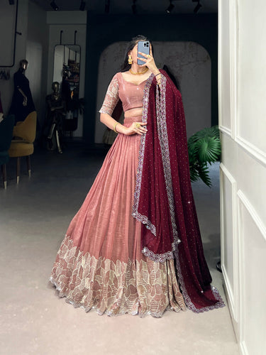 Peach Glamorous Silver Glossy Embroidered Lehenga Set with Hotfix Detailing ClothsVilla