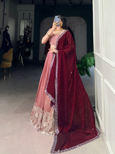 Peach Glamorous Silver Glossy Embroidered Lehenga Set with Hotfix Detailing ClothsVilla