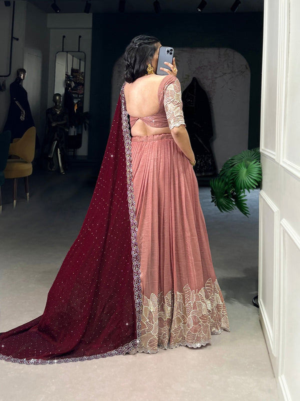 Peach Glamorous Silver Glossy Embroidered Lehenga Set with Hotfix Detailing ClothsVilla
