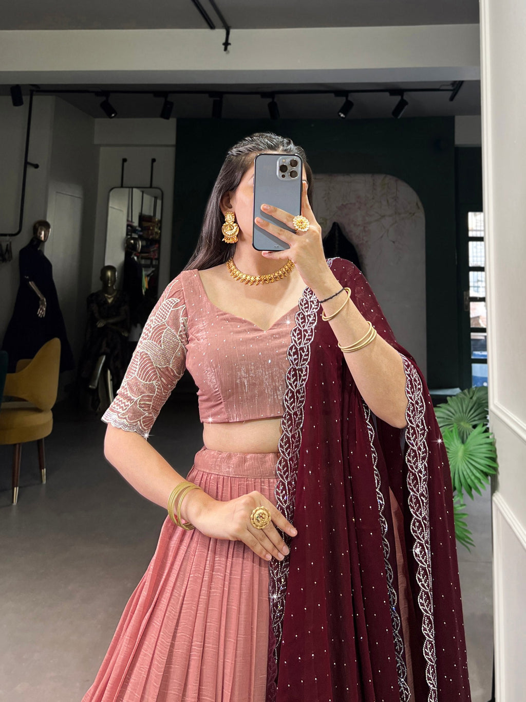 Peach Glamorous Silver Glossy Embroidered Lehenga Set with Hotfix Detailing ClothsVilla