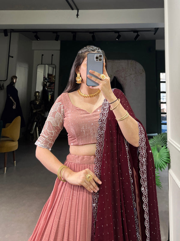 Peach Glamorous Silver Glossy Embroidered Lehenga Set with Hotfix Detailing ClothsVilla