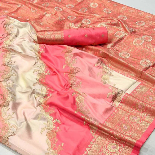 Peach Graceful Art Silk Printed Handloom Saree with Unstitched Blouse Piece ClothsVilla