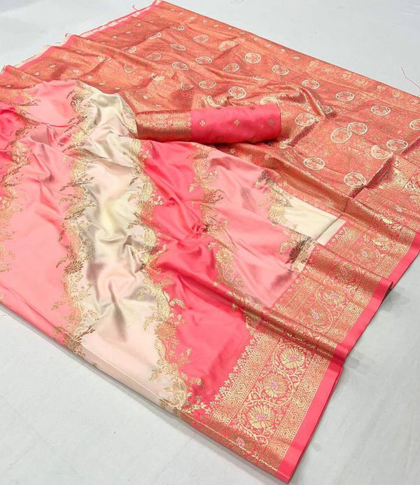 Peach Graceful Art Silk Printed Handloom Saree with Unstitched Blouse Piece ClothsVilla