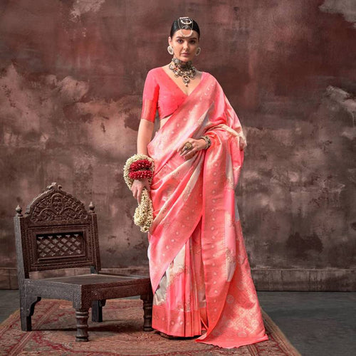 Peach Graceful Art Silk Printed Handloom Saree with Unstitched Blouse Piece ClothsVilla