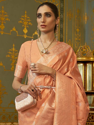 Peach Graceful Banarasi Silk Blend Saree with Unstitched Blouse Piece ClothsVilla