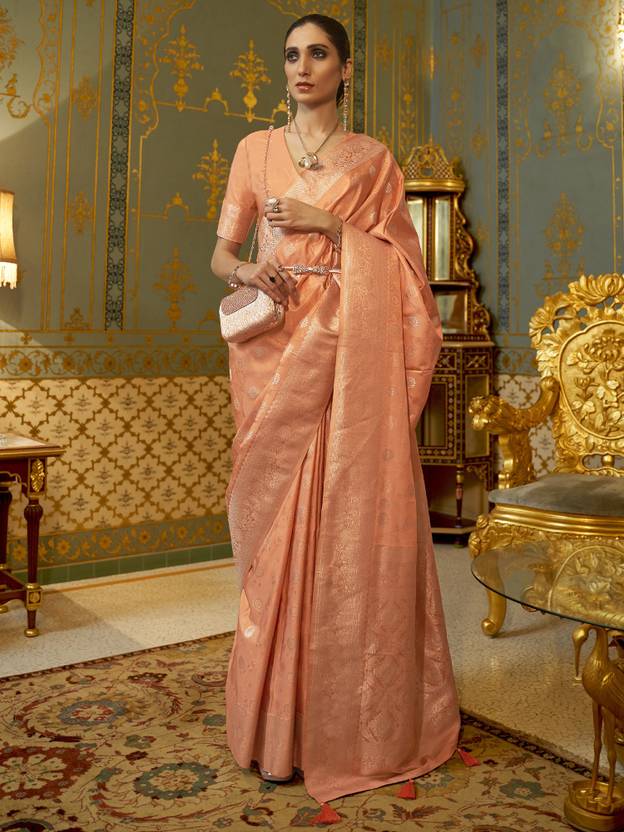 Peach Graceful Banarasi Silk Blend Saree with Unstitched Blouse Piece ClothsVilla