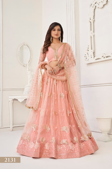 Peach Graceful Butterfly Net Lehenga Set with Tone-to-Tone Embroidery Main image